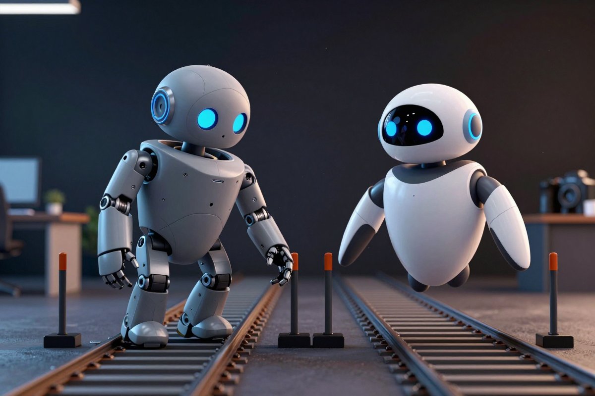 A clunky robot stuck on a rigid track beside a sleek robot hopping smoothly around the same obstacle