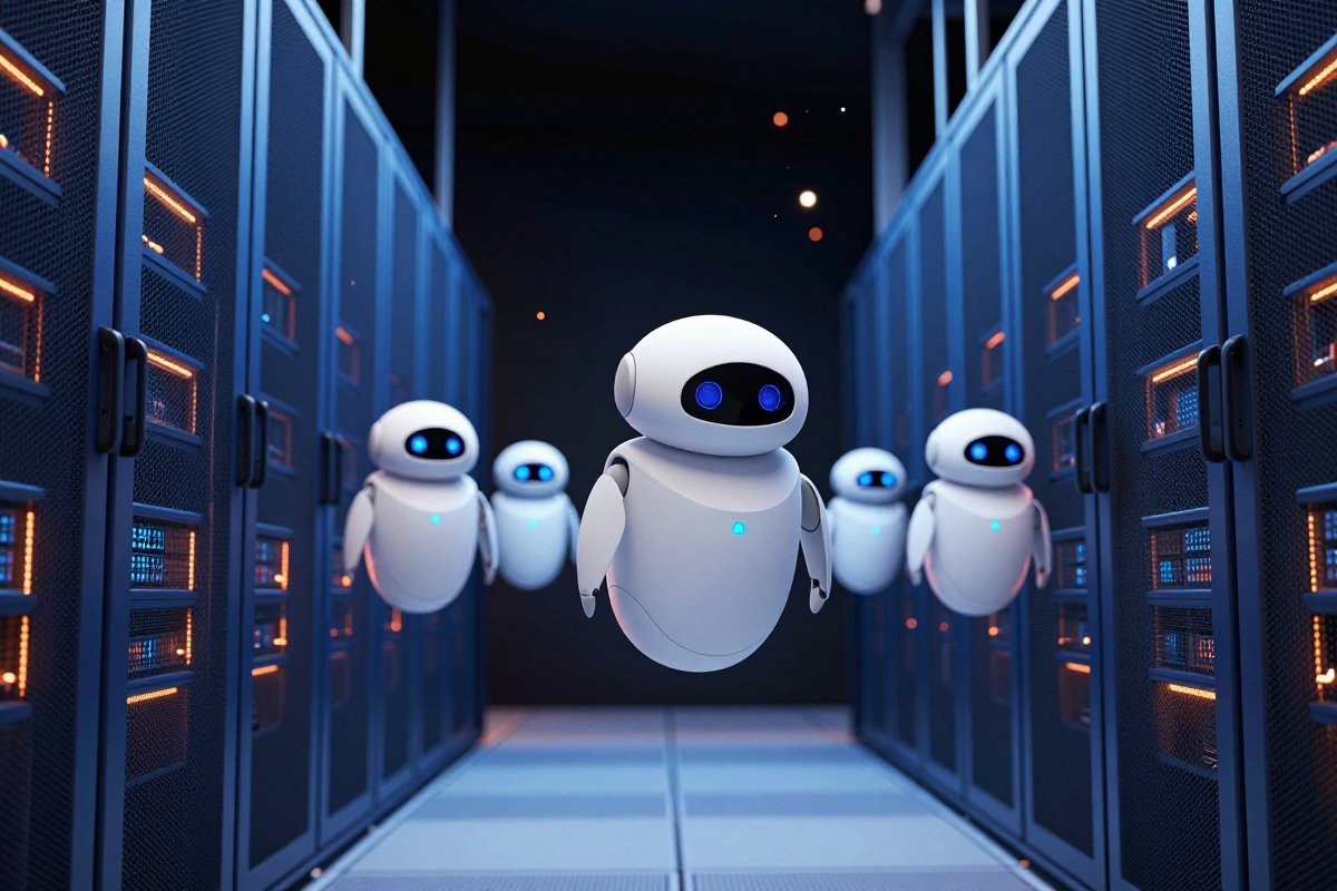 A fleet of small round robots gliding between glowing server towers