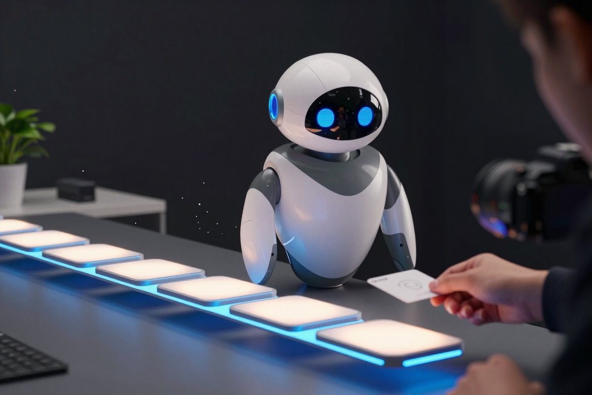A robot at the centre of a curved glowing pipeline of six sequential panels, a human hand receiving the completed handoff at the final panel