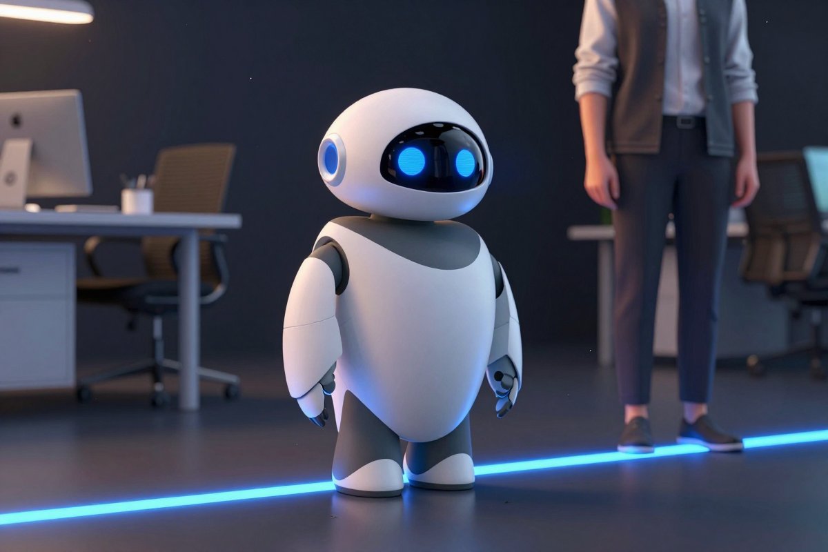 A robot standing respectfully at the edge of a boundary line, not crossing