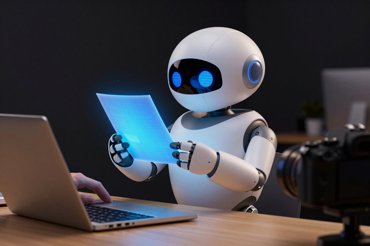 A robot examining a glowing document token, deciding what to do with it