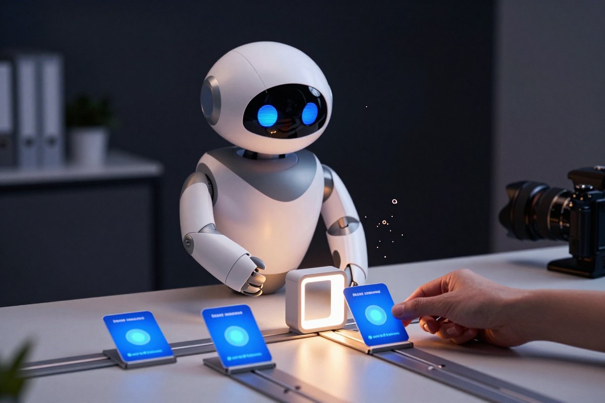 A robot directing request tokens down branching tracks to an approval gate