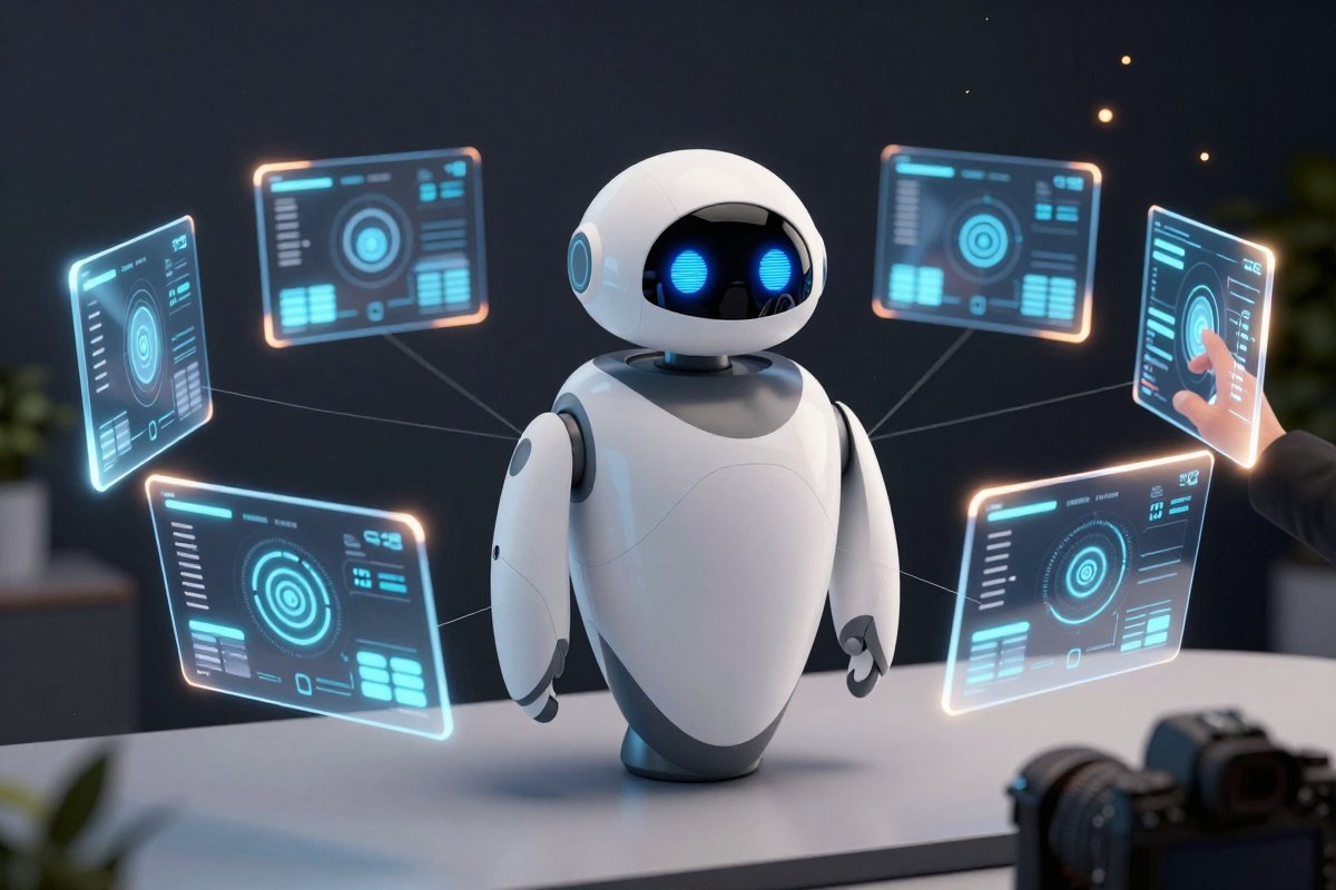 A robot at the centre of six glowing screens, connected to each at once