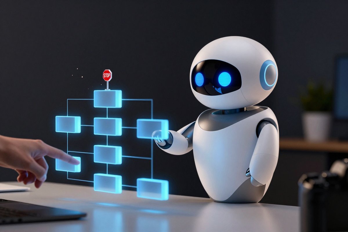 A robot building a branching flowchart from glowing blocks with a stop marker