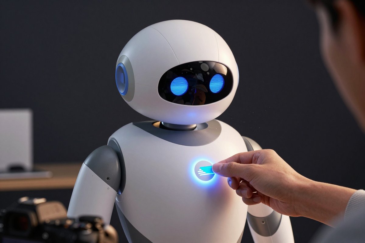 A robot placing a correction token into its own glowing chest core