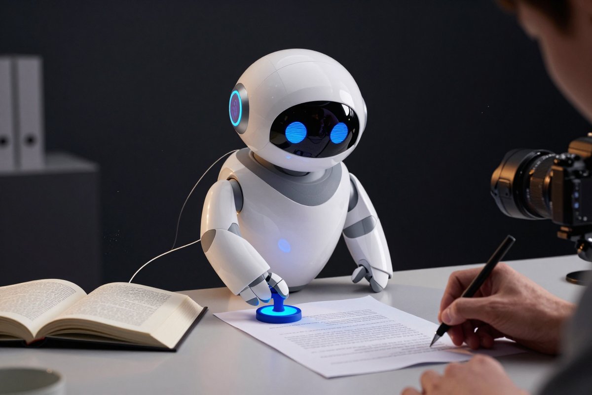 A robot stamping approval on a document with a thread back to a rulebook