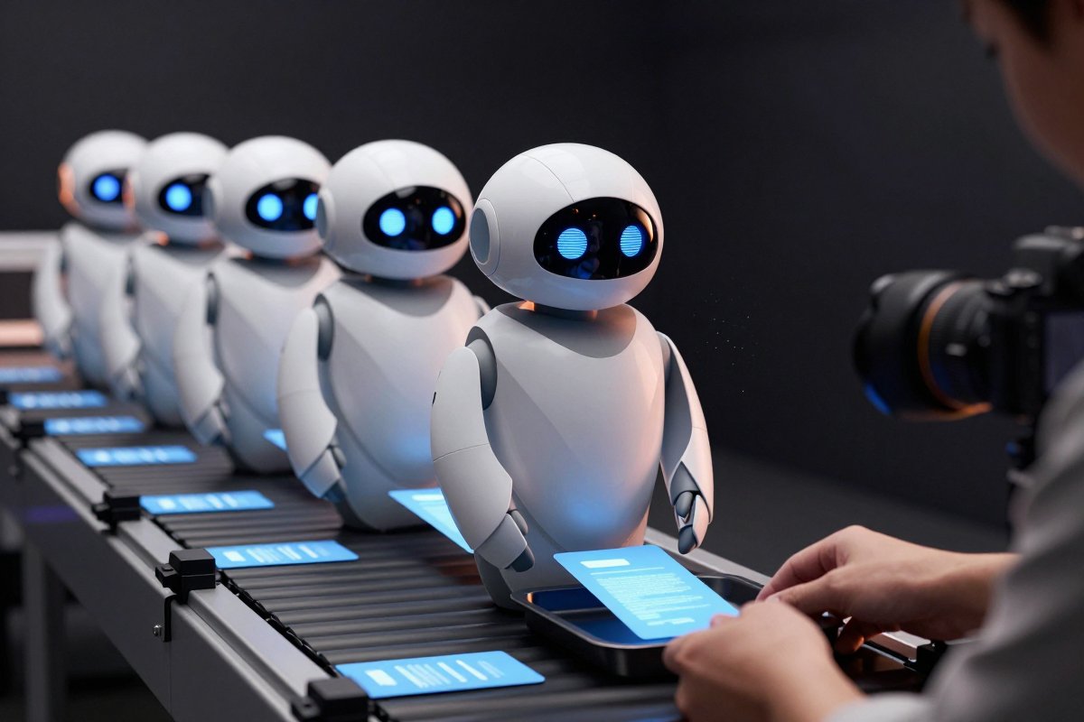 A line of robots passing document tokens along a conveyor, one set aside