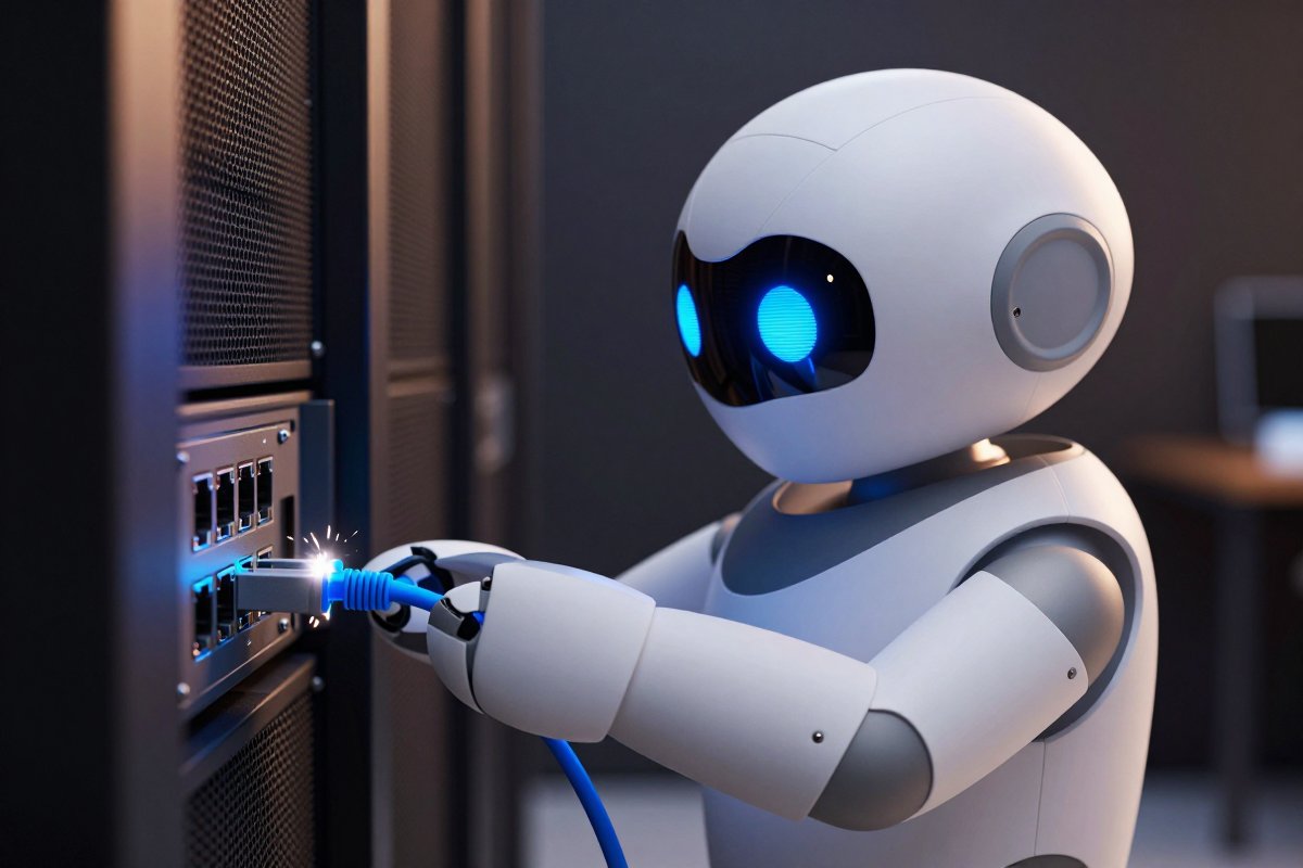 A robot plugging a glowing cable into one of several differently shaped ports