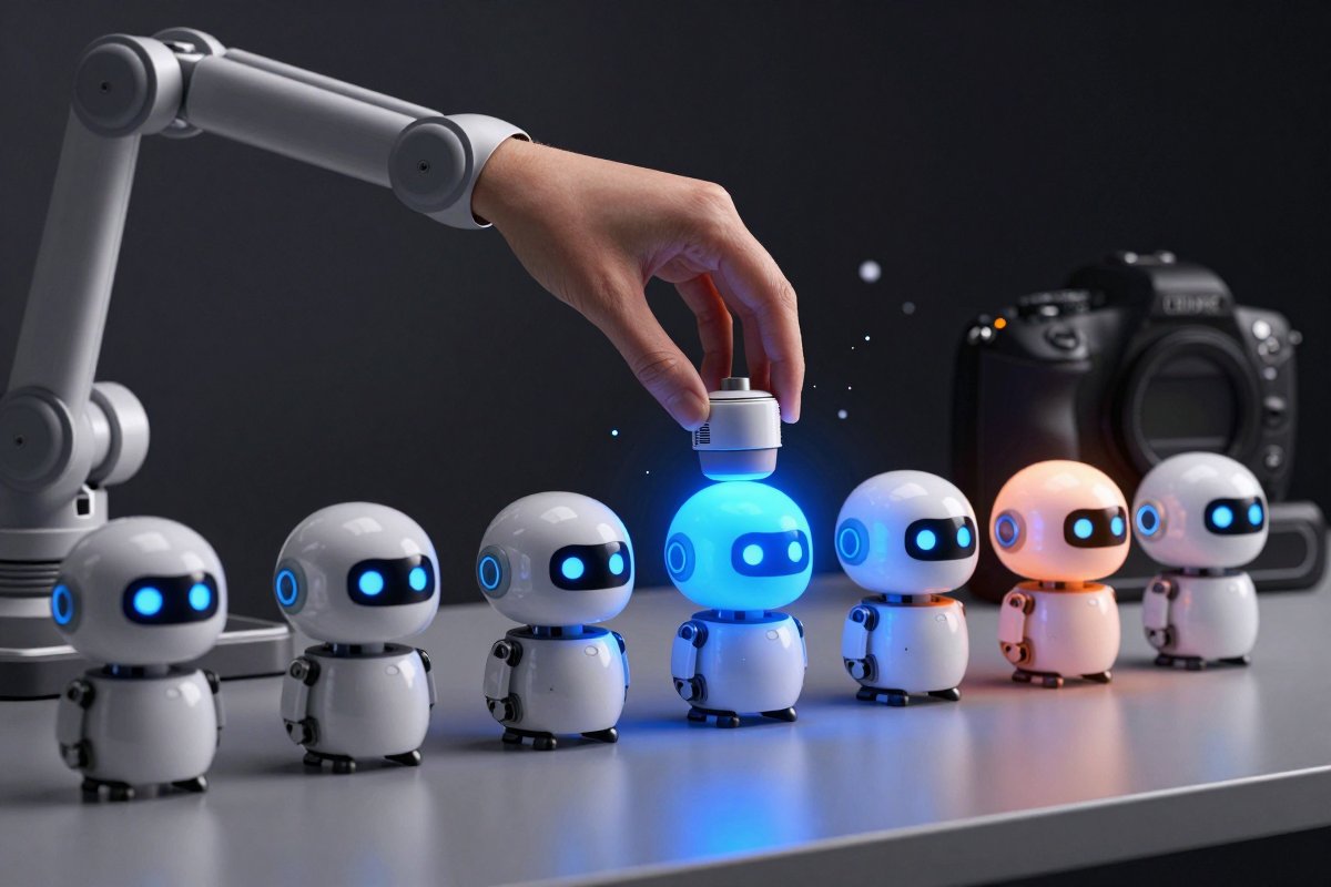 A row of small robot head modules, the selector arm lifting the chosen one bright blue
